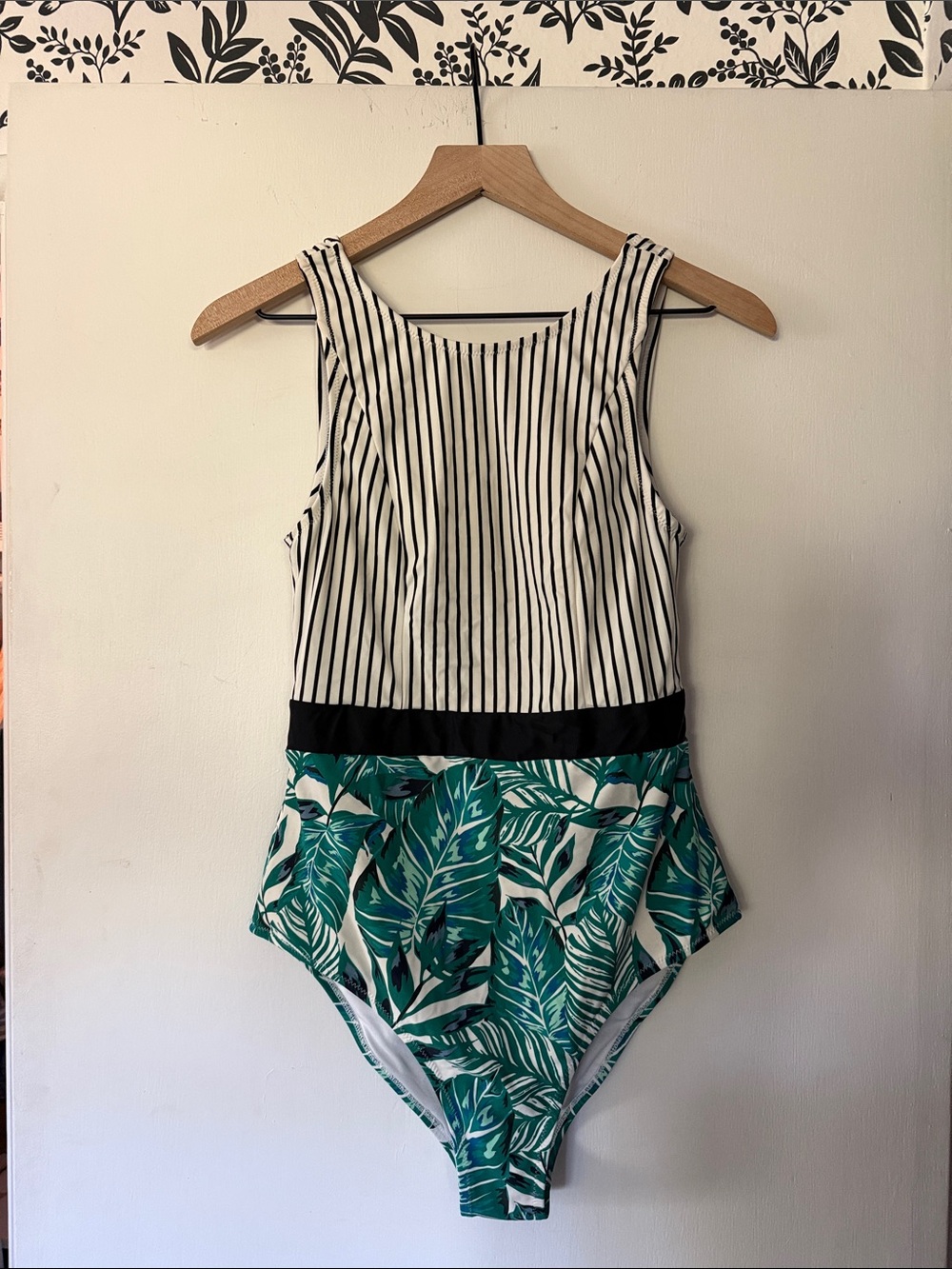 Tropical Leaf One-Piece Swimsuit with Stripe Top